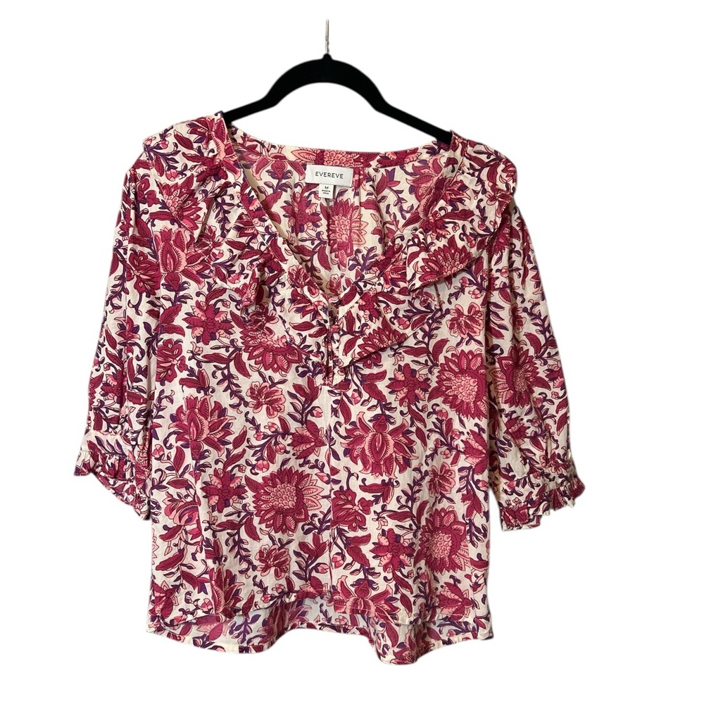 Evereve Floral 3/4 Sleeve Ruffle Blouse Size M Red Pink Prairie Feminine